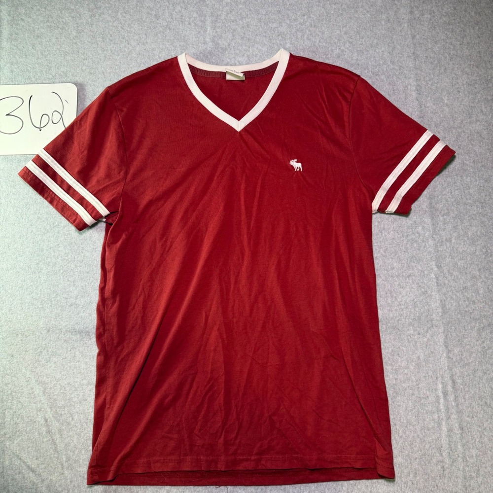 Vintage Abercrombie & Fitch Red V-Neck Tee White Sleeve Stripes Moose Logo Large